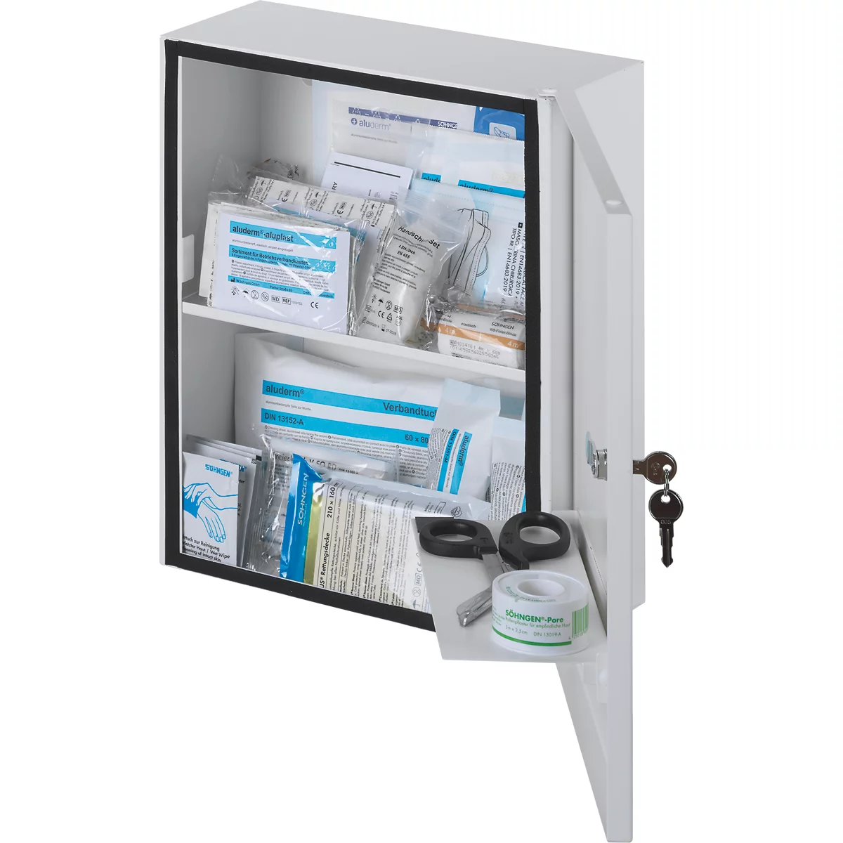Armoire à pharmacie HEIDELBERG, tôle d'acier, serrure de sécurité, L 362 x P 140 x H 302 mm, contenu selon DIN 13157, blanc