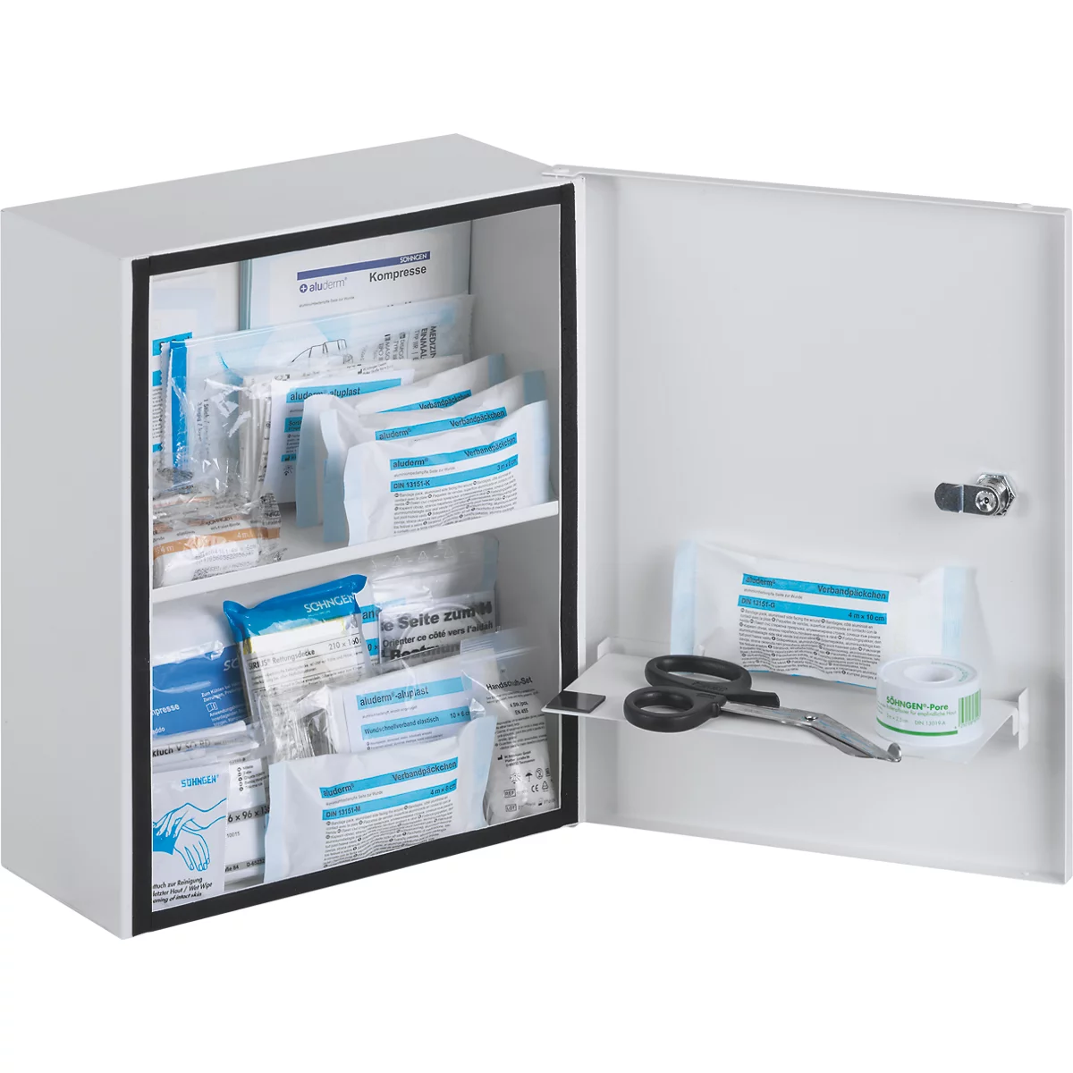 Armoire à pharmacie HEIDELBERG, tôle d'acier, serrure de sécurité, L 362 x P 140 x H 302 mm, contenu selon DIN 13157, blanc