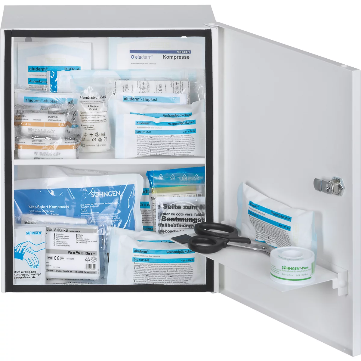 Armoire à pharmacie HEIDELBERG, tôle d'acier, serrure de sécurité, L 362 x P 140 x H 302 mm, contenu selon DIN 13157, blanc