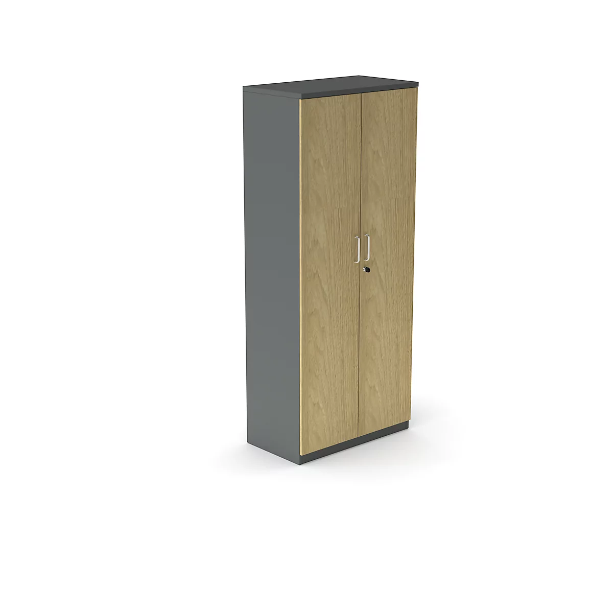Armoire haute à deux portes, aspect bois. Côtés et dessus gris, poignées métalliques, clé.