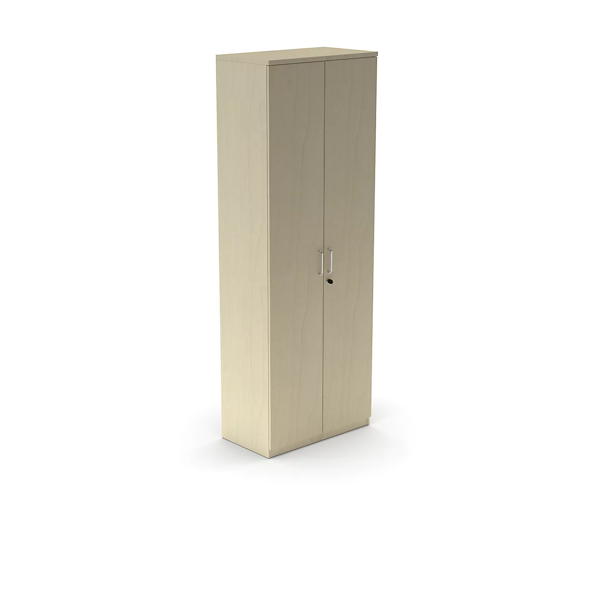 Armoire beige haute avec deux portes, des poignées et une serrure sur fond blanc.