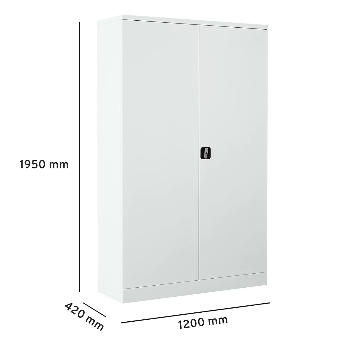 Armoire en acier blanche à deux portes, poignée noire et dimensions : 1950 mm de haut, 1200 mm de large, 420 mm de profondeur.