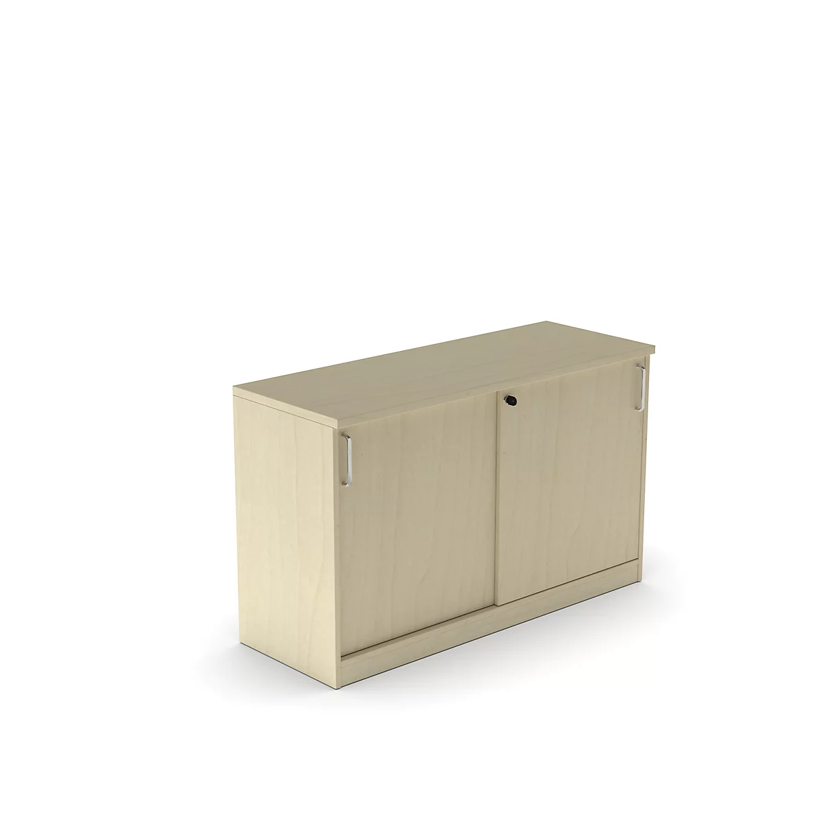 Armoire brun clair avec porte coulissante ouverte vers la droite. Poignées et cadre de porte sont clairs. Le fond est blanc.