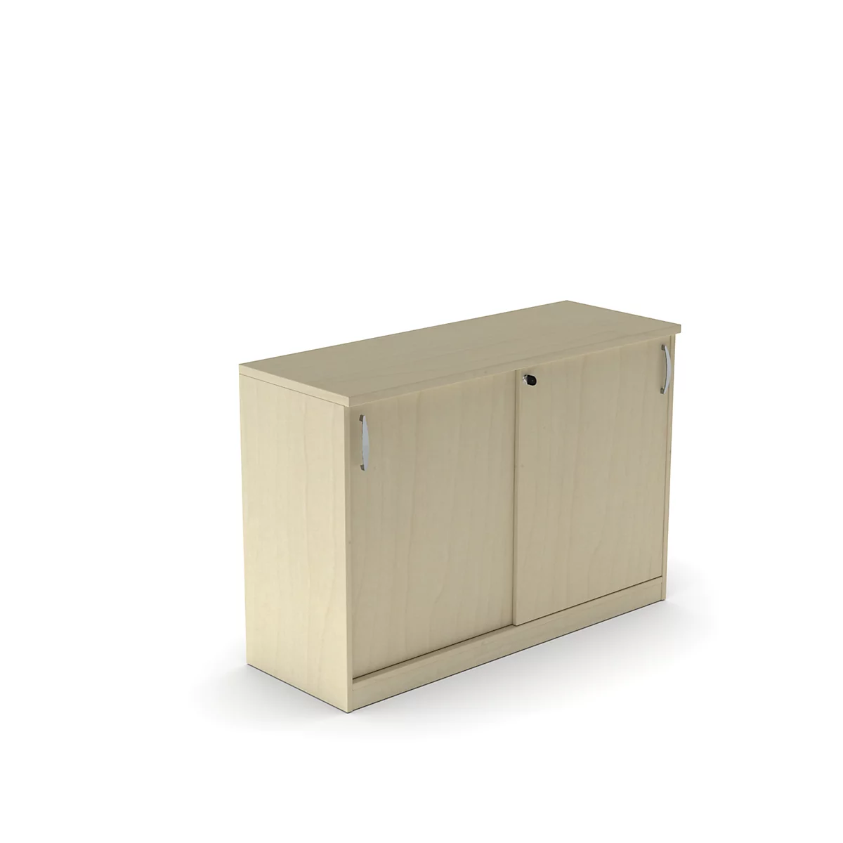 Un meuble crème avec portes coulissantes, posé sur un fond blanc.