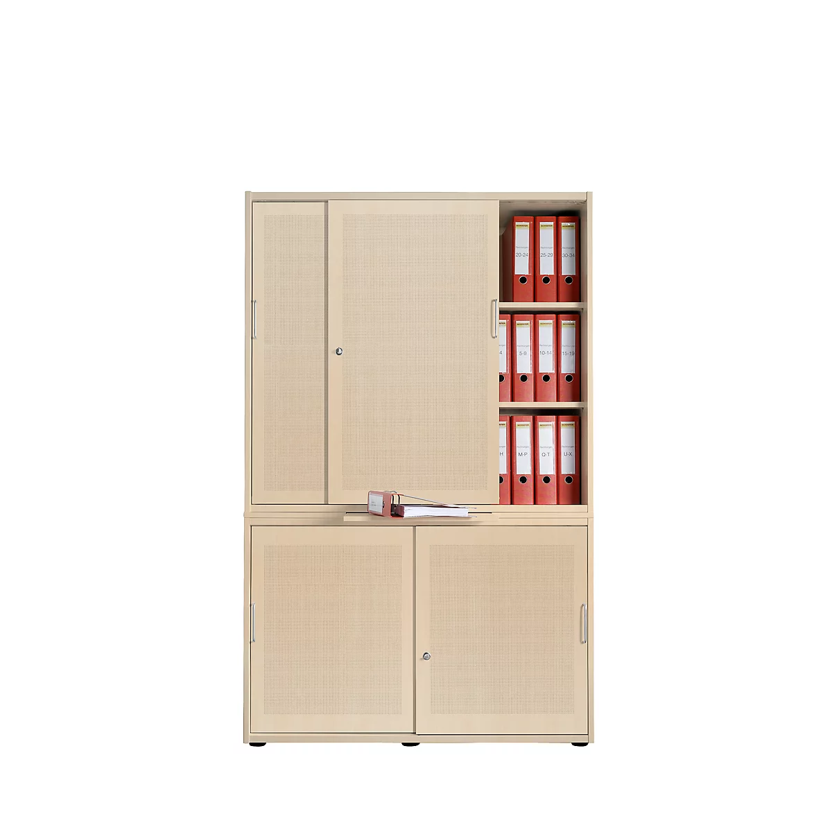 Armoire à portes coulissantes, surface acoustique, l. 1200 mm, 5 HC, coloris érable