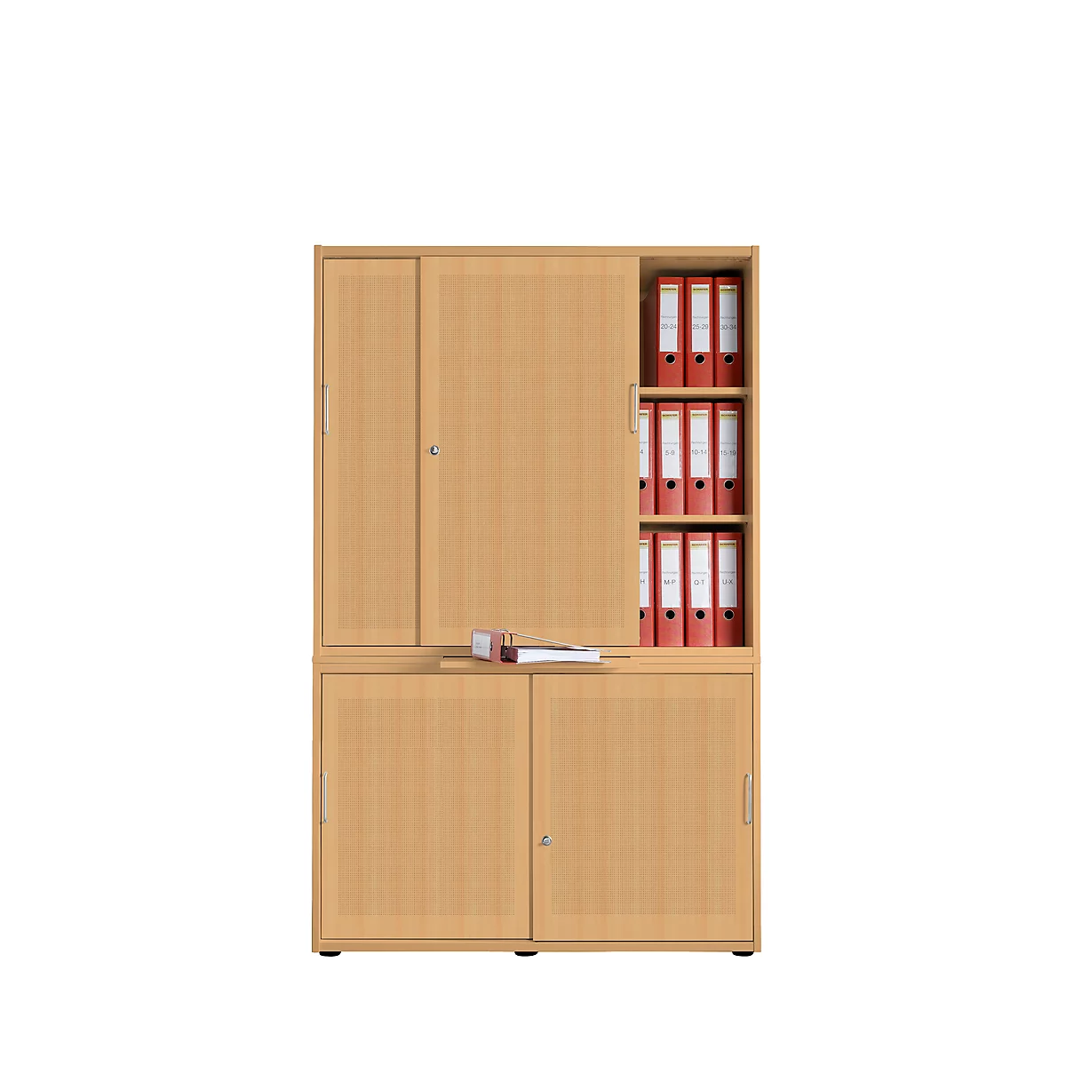 Armoire à portes coulissantes, surface acoustique, l. 1200 mm, 5 HC, coloris hêtre