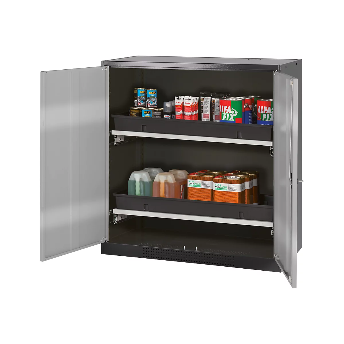 Armoire à produits chimiques, porte battante, 2 bacs extractibles, 1055 x 520 x 1105 mm, argent