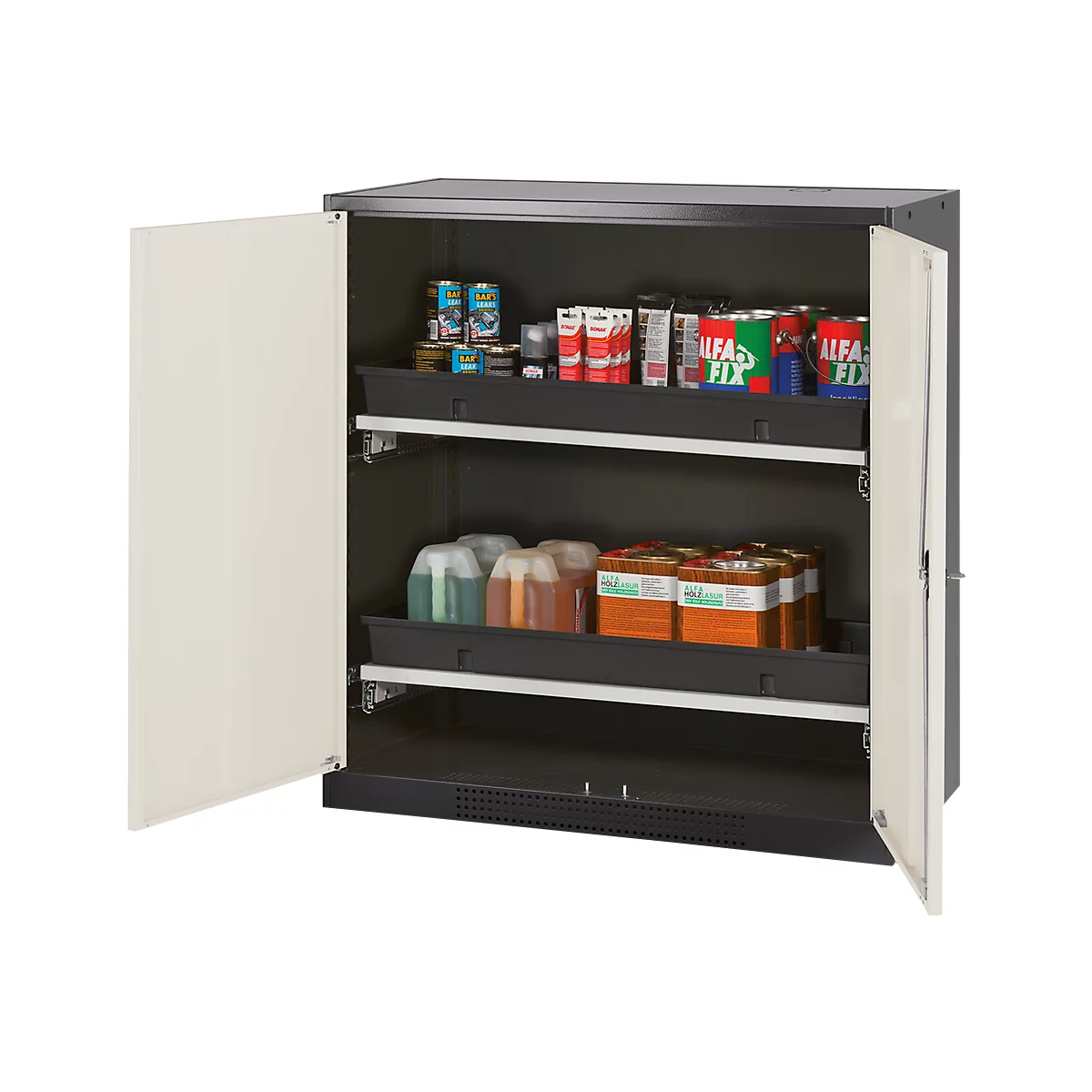 Armoire à produits chimiques, porte battante, 2 bacs extractibles, 1055 x 520 x 1105 mm, blanc pur