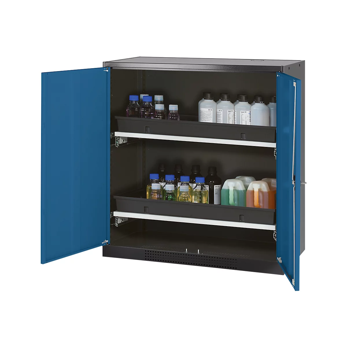 Armoire à produits chimiques, porte battante, 2 bacs extractibles, 1055 x 520 x 1105 mm, bleu gentiane