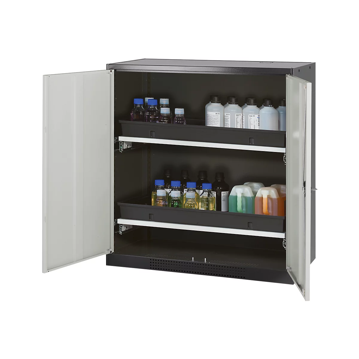Armoire à produits chimiques, porte battante, 2 bacs extractibles, 1055 x 520 x 1105 mm, gris clair