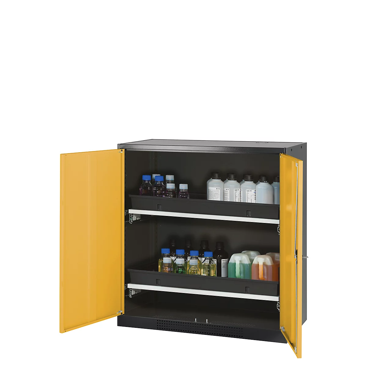 Armoire à produits chimiques, porte battante, 2 bacs extractibles, 1055 x 520 x 1105 mm, jaune de sécurité
