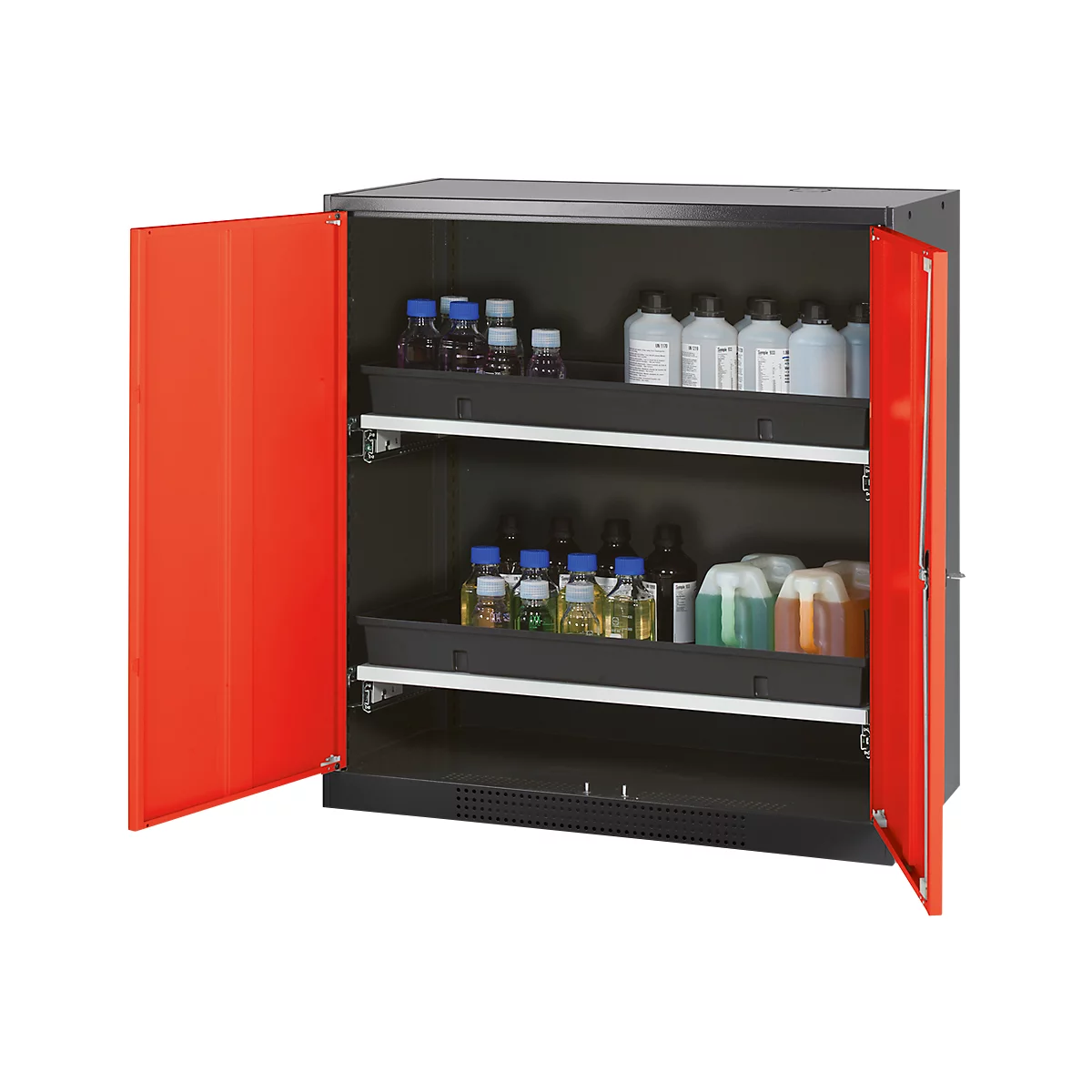 Armoire à produits chimiques, porte battante, 2 bacs extractibles, 1055 x 520 x 1105 mm, rouge circulation