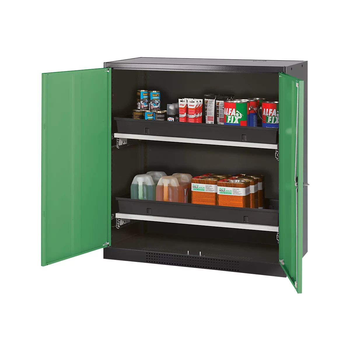 Armoire à produits chimiques, porte battante, 2 bacs extractibles, 1055 x 520 x 1105 mm, vert réséda