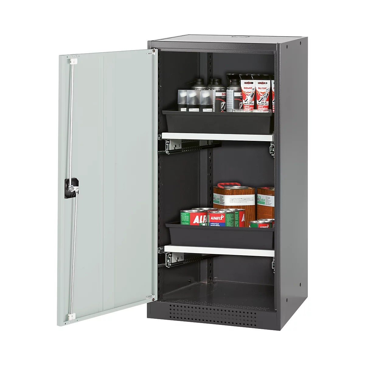 Armoire à produits chimiques, porte battante, 2 bacs extractibles, 545 x 520 x 1105 mm, gris clair