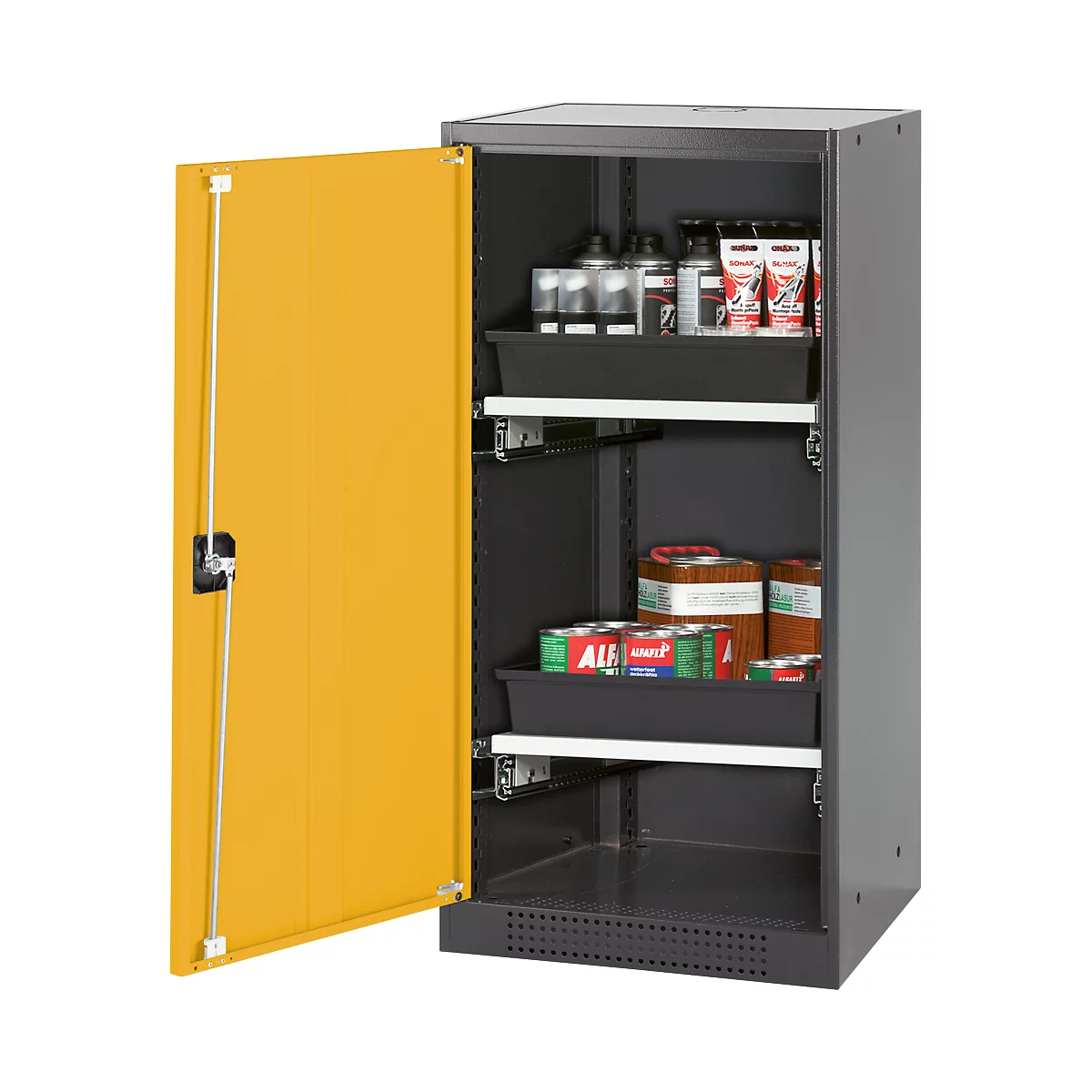 Armoire à produits chimiques, porte battante, 2 bacs extractibles, 545 x 520 x 1105 mm, jaune de sécurité