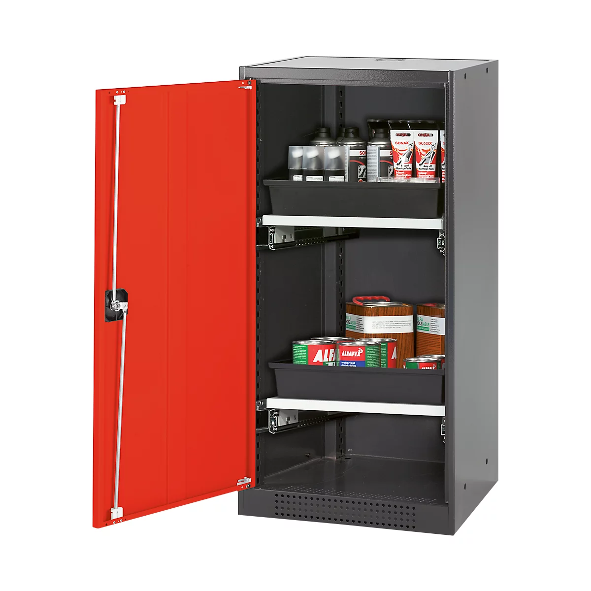 Armoire à produits chimiques, porte battante, 2 bacs extractibles, 545 x 520 x 1105 mm, rouge circulation