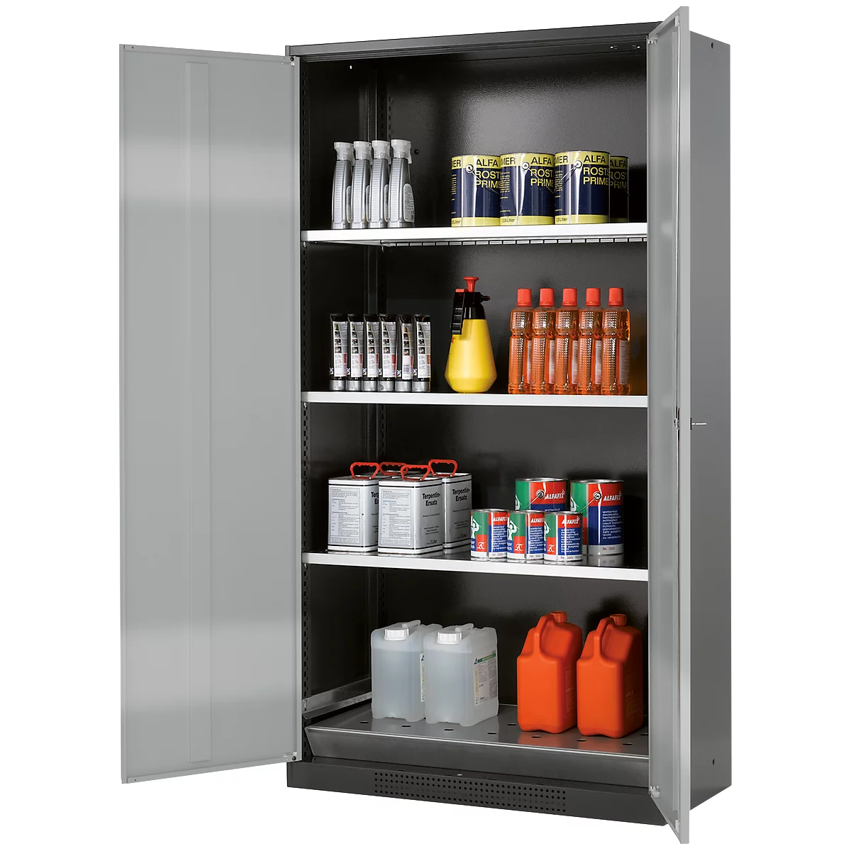 Armoire à produits chimiques, porte battante, 3 étagères, 1055 x 520 x 1950 mm, argent