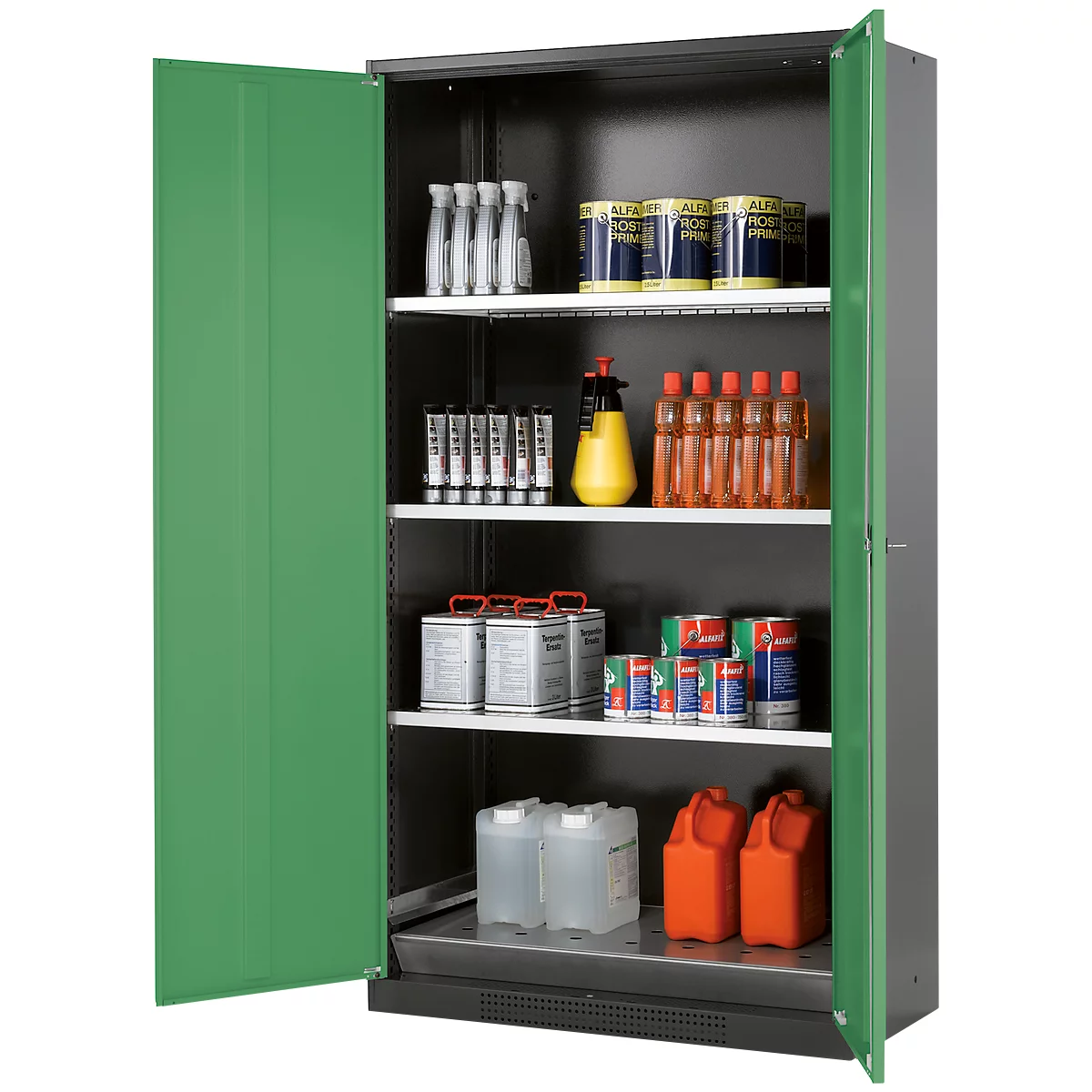 Armoire à produits chimiques, porte battante, 3 étagères, 1055 x 520 x 1950 mm, vert réséda