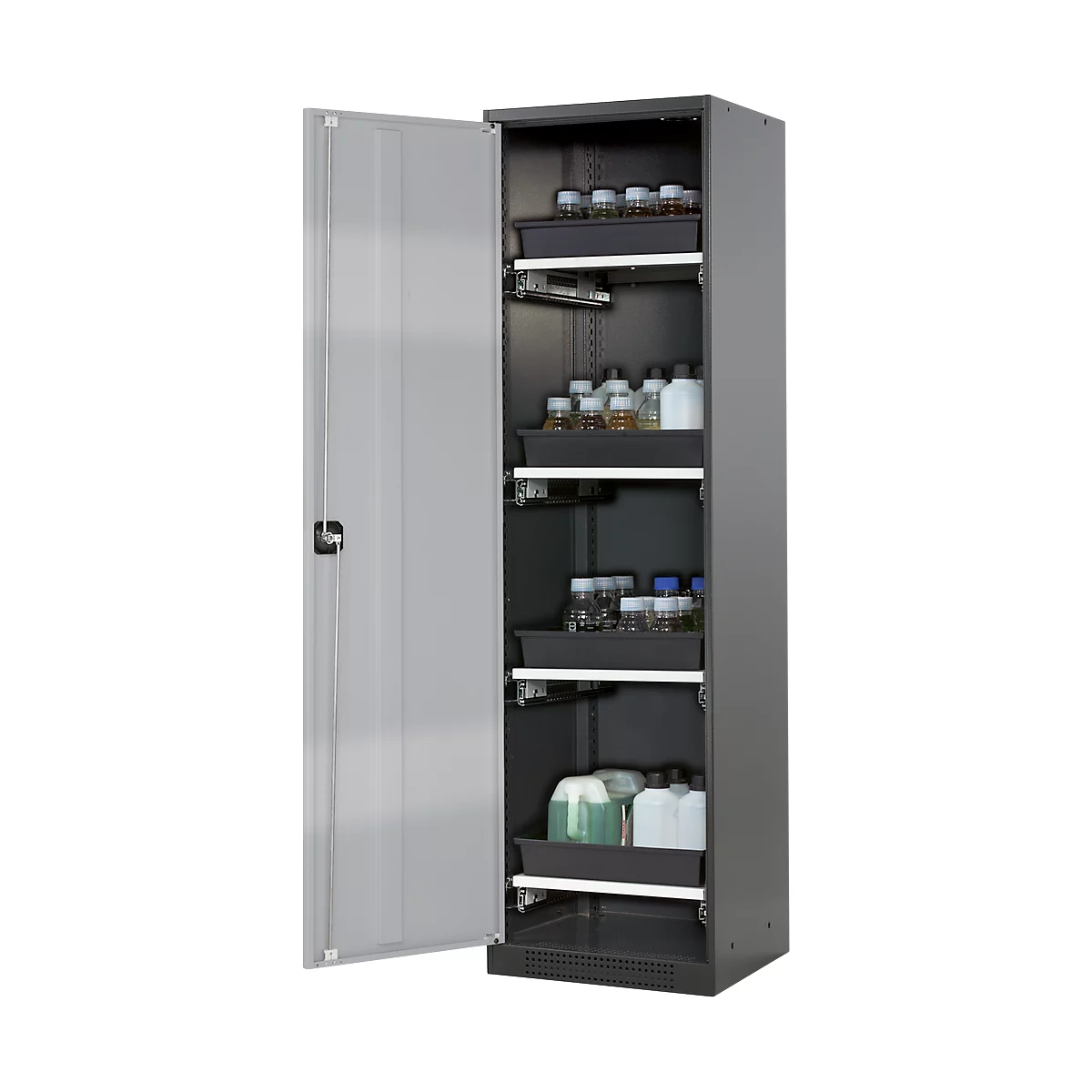 Armoire à produits chimiques, porte battante, 4 bacs extractibles, 545 x 520 x 1950 mm, argent