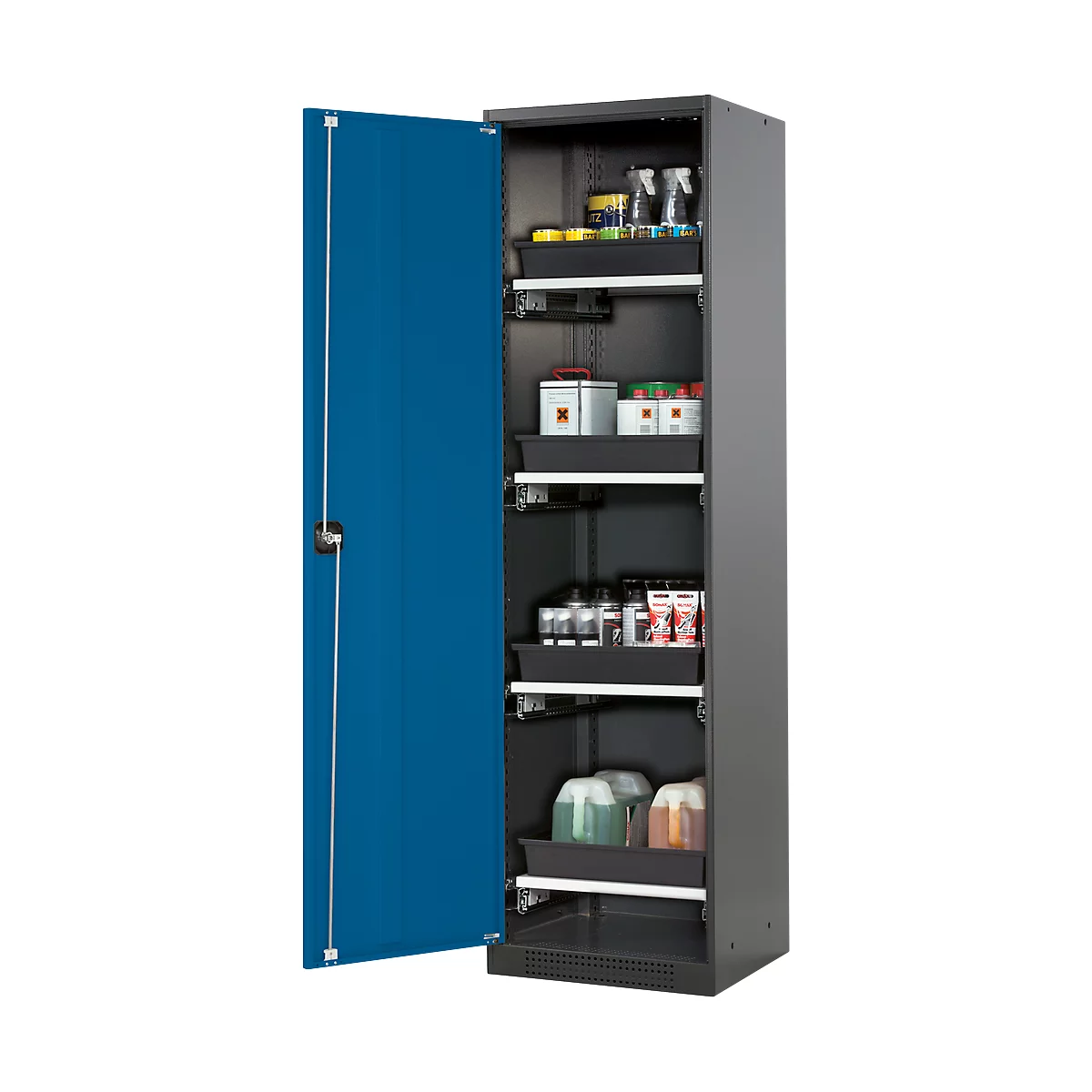 Armoire à produits chimiques, porte battante, 4 bacs extractibles, 545 x 520 x 1950 mm, bleu gentiane