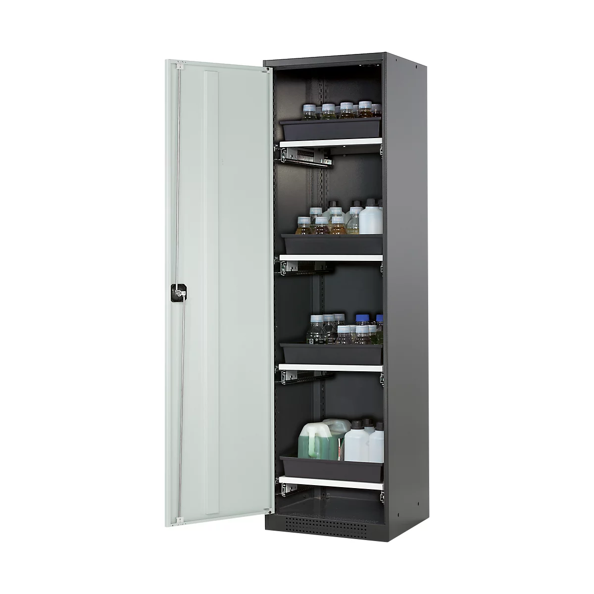 Armoire à produits chimiques, porte battante, 4 bacs extractibles, 545 x 520 x 1950 mm, gris clair