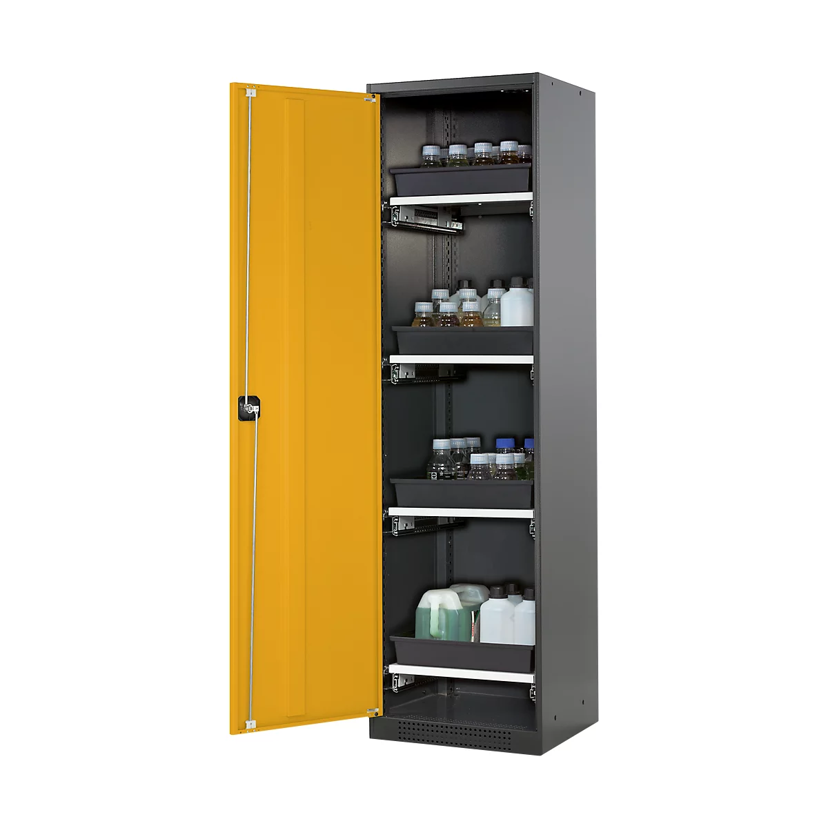 Armoire à produits chimiques, porte battante, 4 bacs extractibles, 545 x 520 x 1950 mm, jaune de sécurité