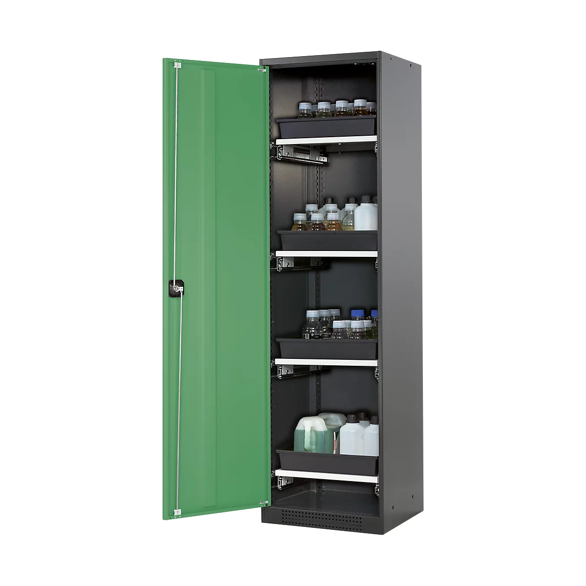 Armoire à produits chimiques, porte battante, 4 bacs extractibles, 545 x 520 x 1950 mm, vert réséda