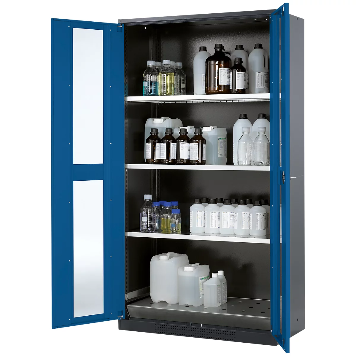 Armoire à produits chimiques, porte battante avec découpe de verre, 3 étagères, 1055 x 520 x 1950 mm, bleu gentiane
