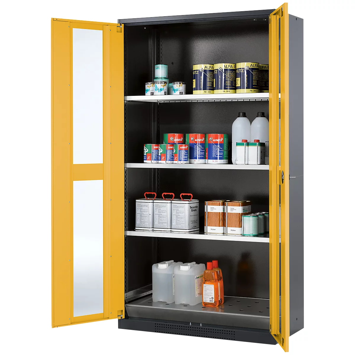 Armoire à produits chimiques, porte battante avec découpe de verre, 3 étagères, 1055 x 520 x 1950 mm, jaune de sécurité