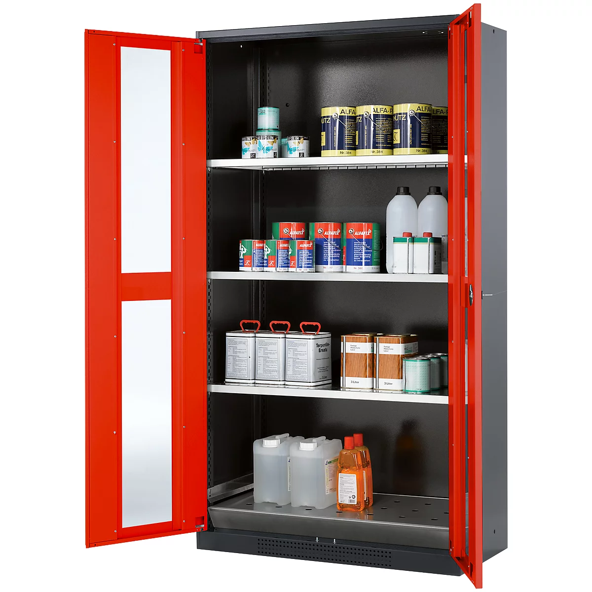 Armoire à produits chimiques, porte battante avec découpe de verre, 3 étagères, 1055 x 520 x 1950 mm, rouge circulation