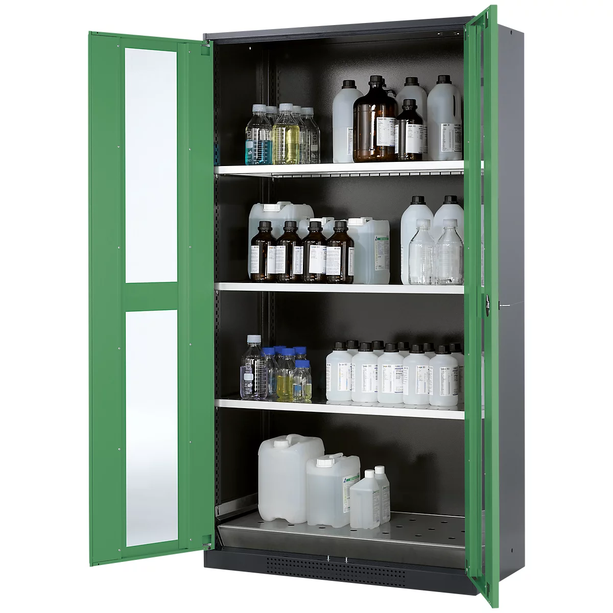 Armoire à produits chimiques, porte battante avec découpe de verre, 3 étagères, 1055 x 520 x 1950 mm, vert réséda