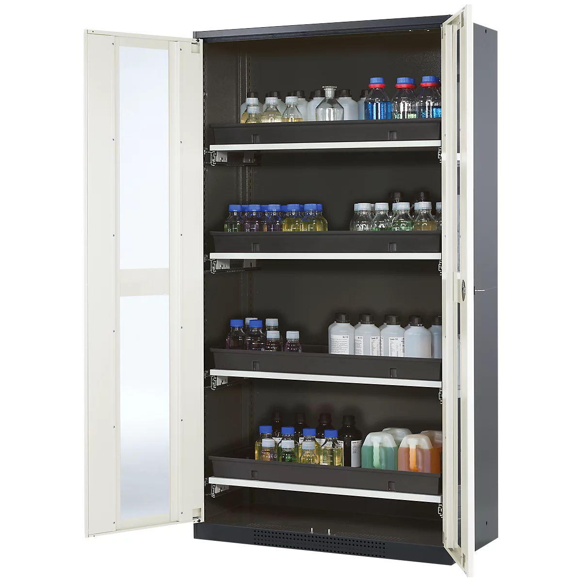 Armoire à produits chimiques, porte battante avec découpe de verre, 4 bacs extractibles, 1055 x 520 x 1950 mm, blanc pur