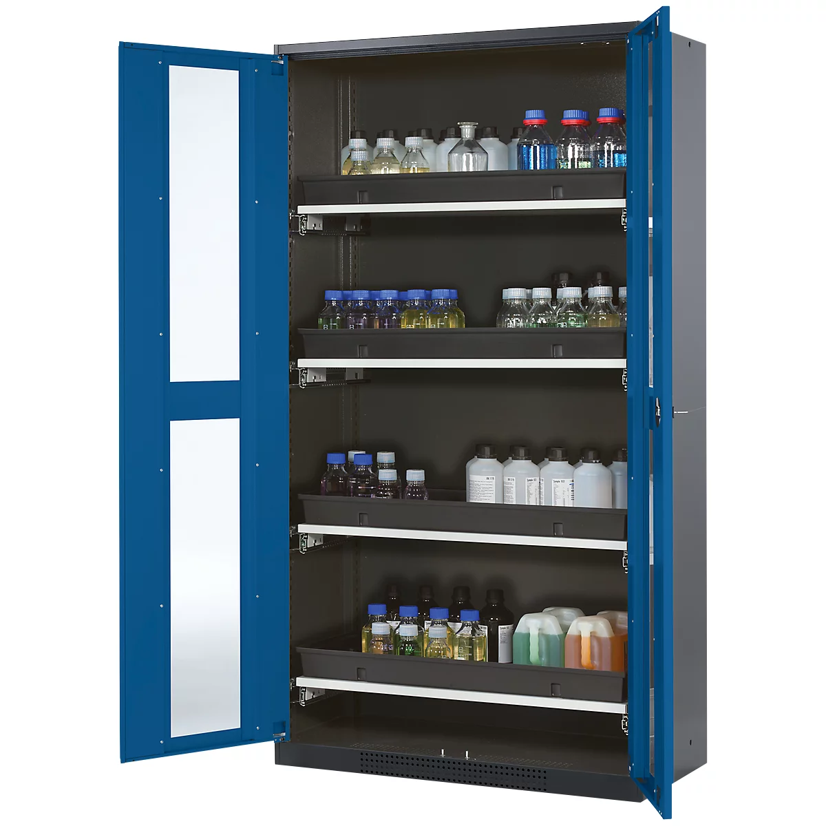Armoire à produits chimiques, porte battante avec découpe de verre, 4 bacs extractibles, 1055 x 520 x 1950 mm, bleu gentiane