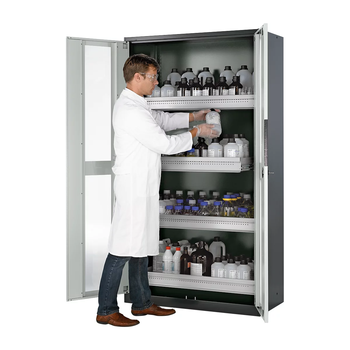Armoire à produits chimiques, porte battante avec découpe de verre, 4 bacs extractibles, 1055 x 520 x 1950 mm, gris clair