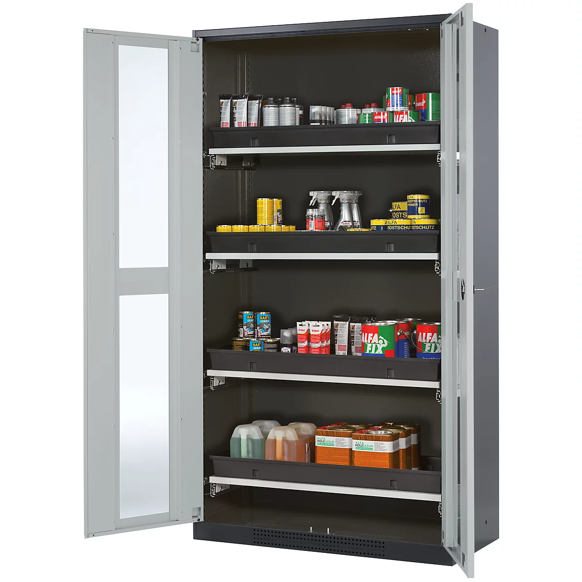 Armoire à produits chimiques, porte battante avec découpe de verre, 4 bacs extractibles, 1055 x 520 x 1950 mm, gris clair