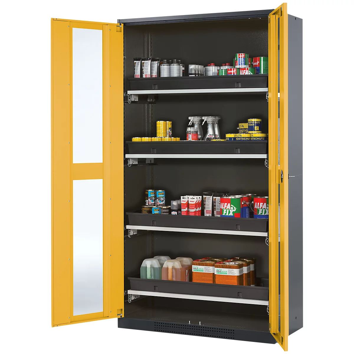 Armoire à produits chimiques, porte battante avec découpe de verre, 4 bacs extractibles, 1055 x 520 x 1950 mm, jaune de sécurité