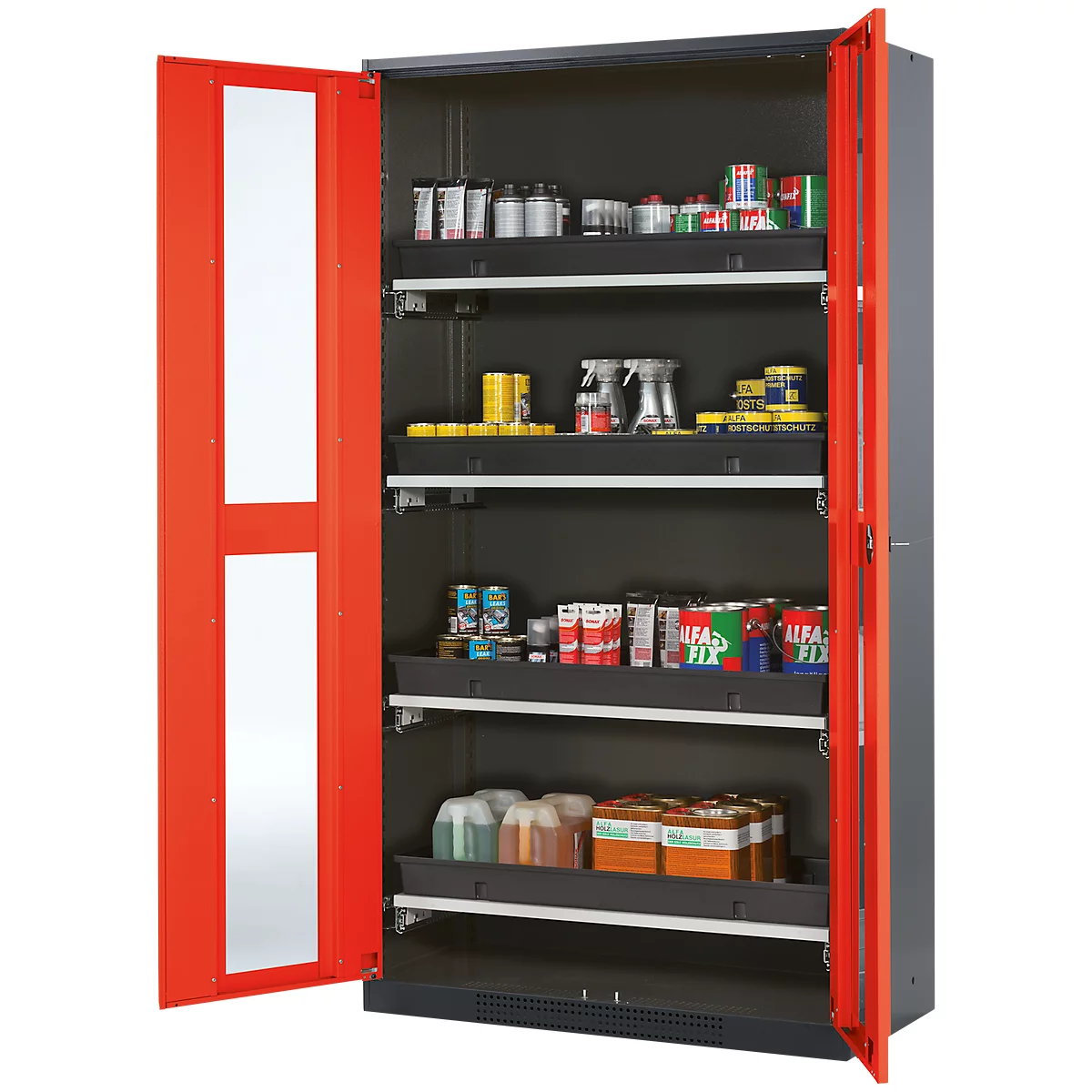 Armoire à produits chimiques, porte battante avec découpe de verre, 4 bacs extractibles, 1055 x 520 x 1950 mm, rouge circulation
