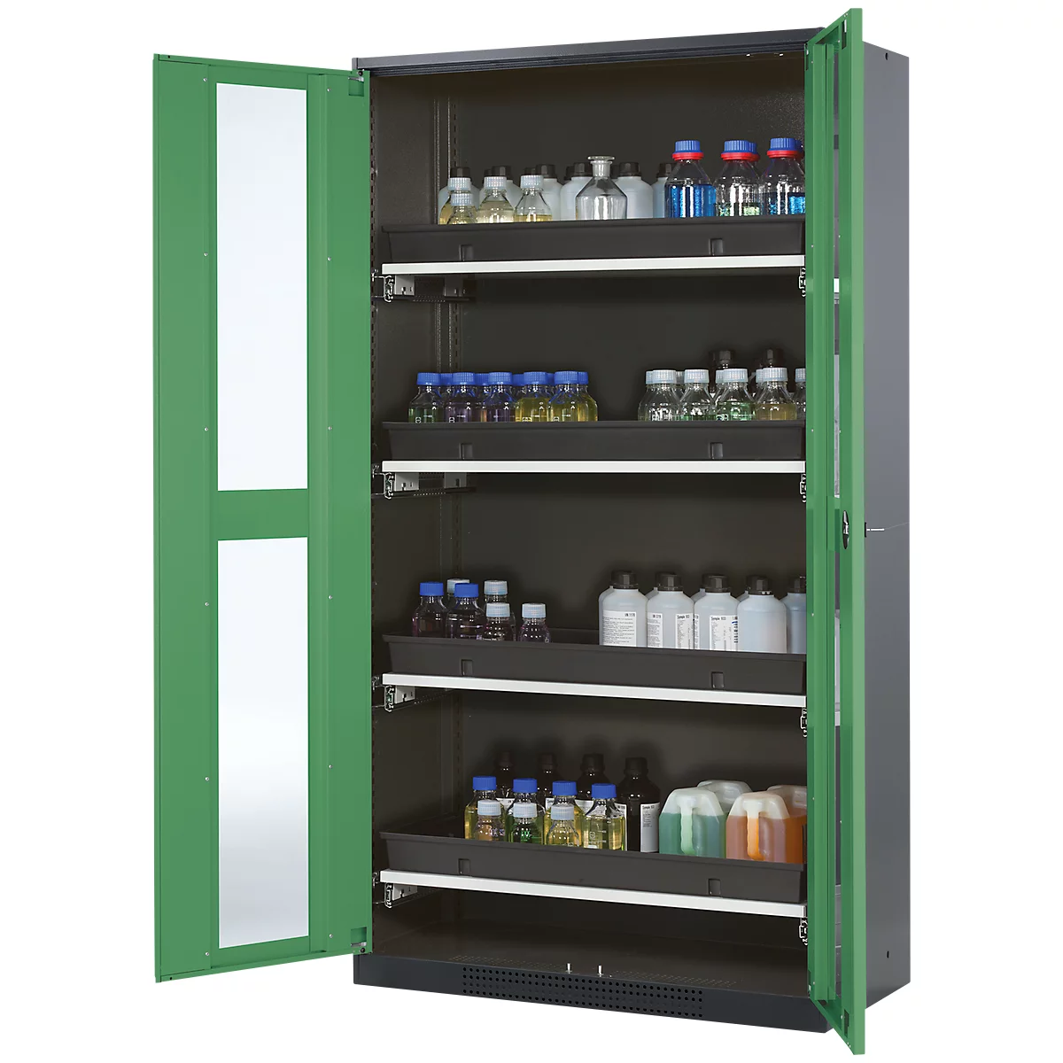 Armoire à produits chimiques, porte battante avec découpe de verre, 4 bacs extractibles, 1055 x 520 x 1950 mm, vert réséda
