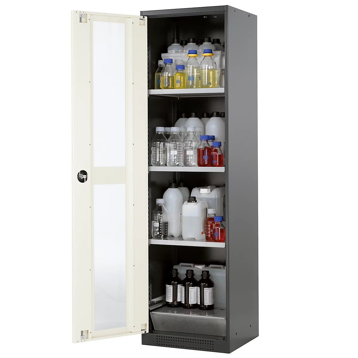 Armoire à produits chimiques, porte battante et découpe de verre, 3 étagères, H 1950 mm, blanc pur