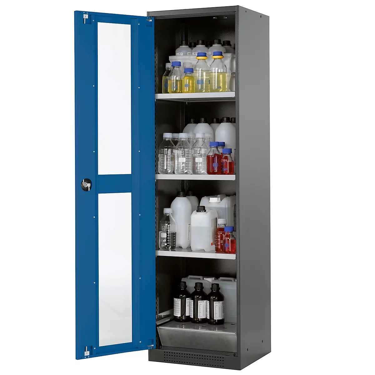 Armoire à produits chimiques, porte battante et découpe de verre, 3 étagères, H 1950 mm, bleu gentiane