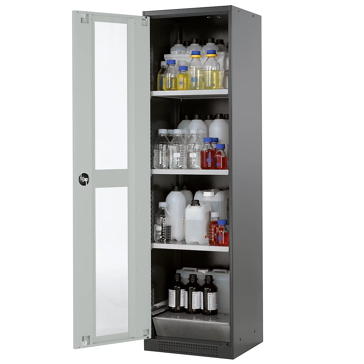 Armoire à produits chimiques, porte battante et découpe de verre, 3 étagères, H 1950 mm, gris clair