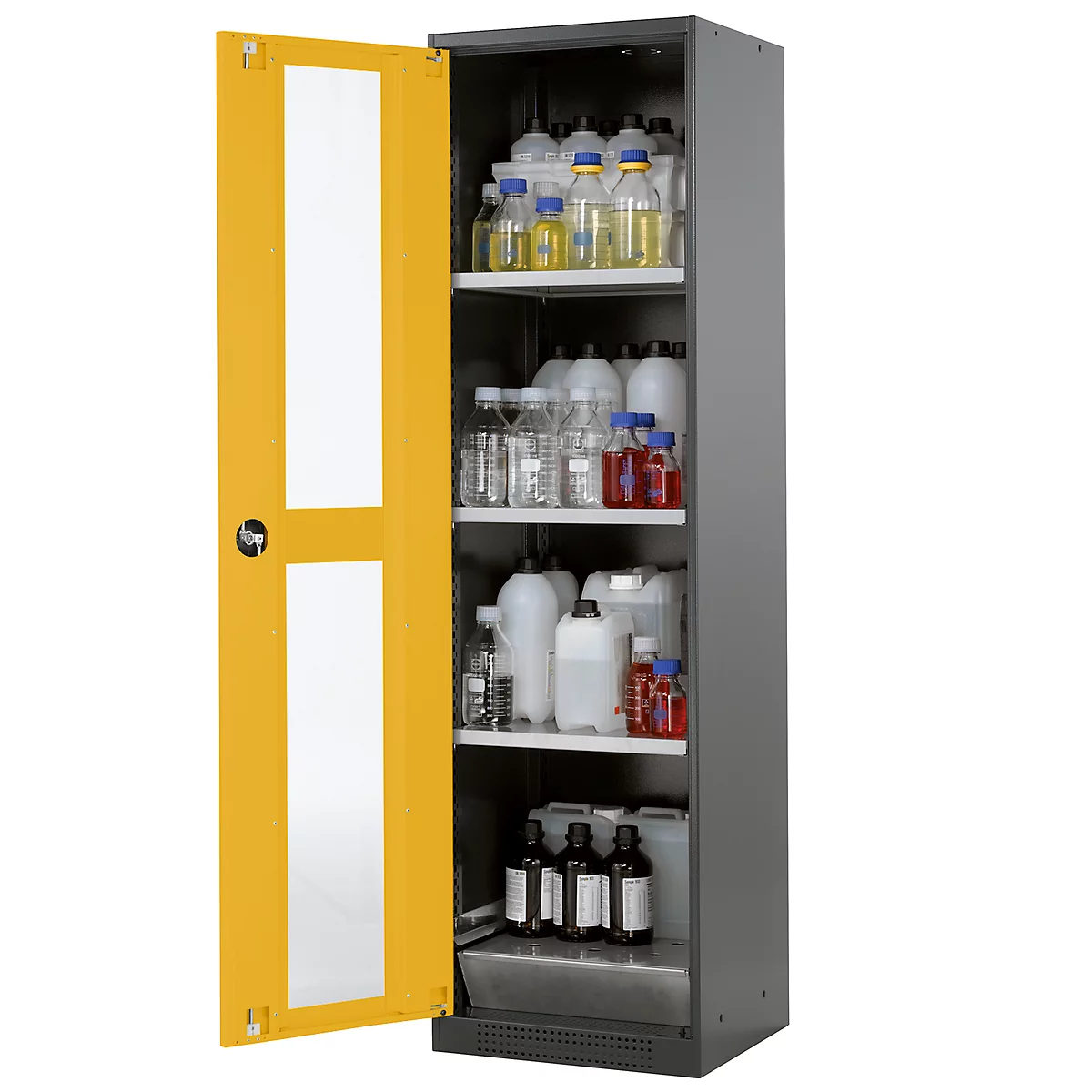 Armoire à produits chimiques, porte battante et découpe de verre, 3 étagères, H 1950 mm, jaune de sécurité