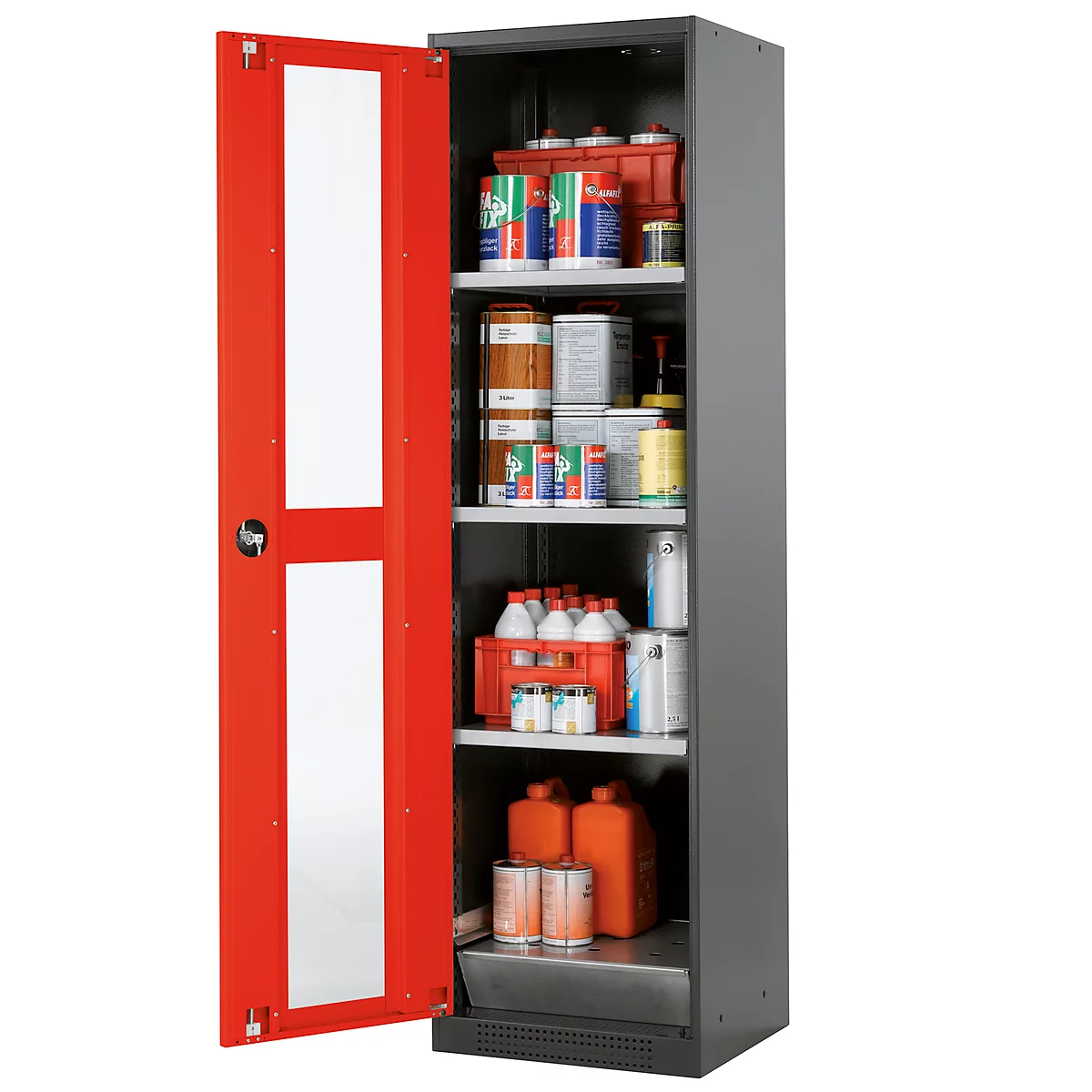 Armoire à produits chimiques, porte battante et découpe de verre, 3 étagères, H 1950 mm, rouge circulation