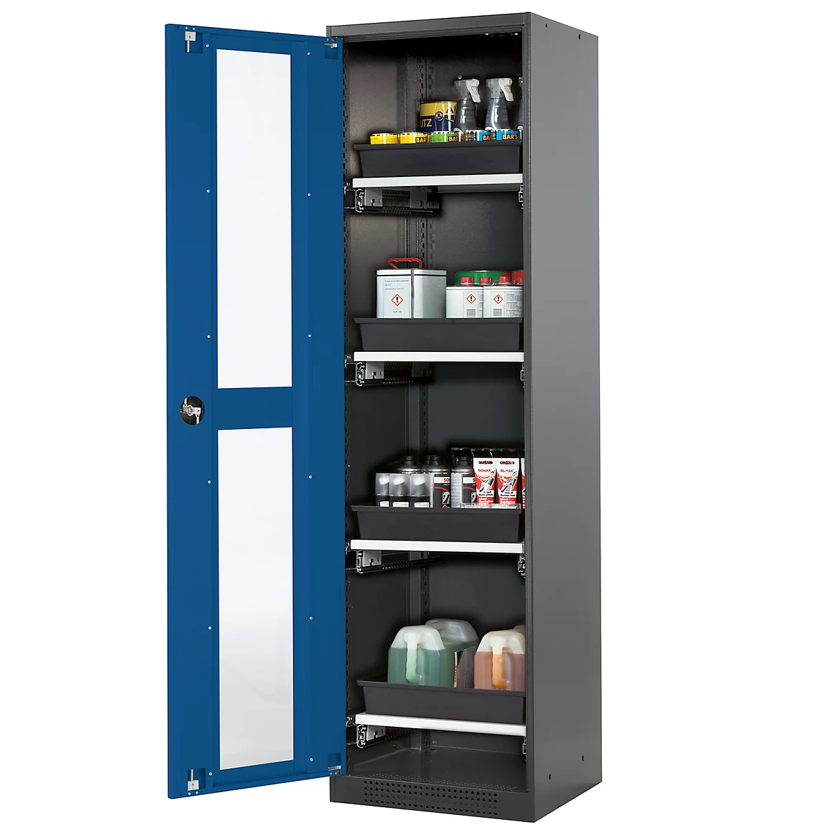 Armoire à produits chimiques, porte battante et découpe de verre, 4 tiroirs, H 1950 mm, bleu gentiane