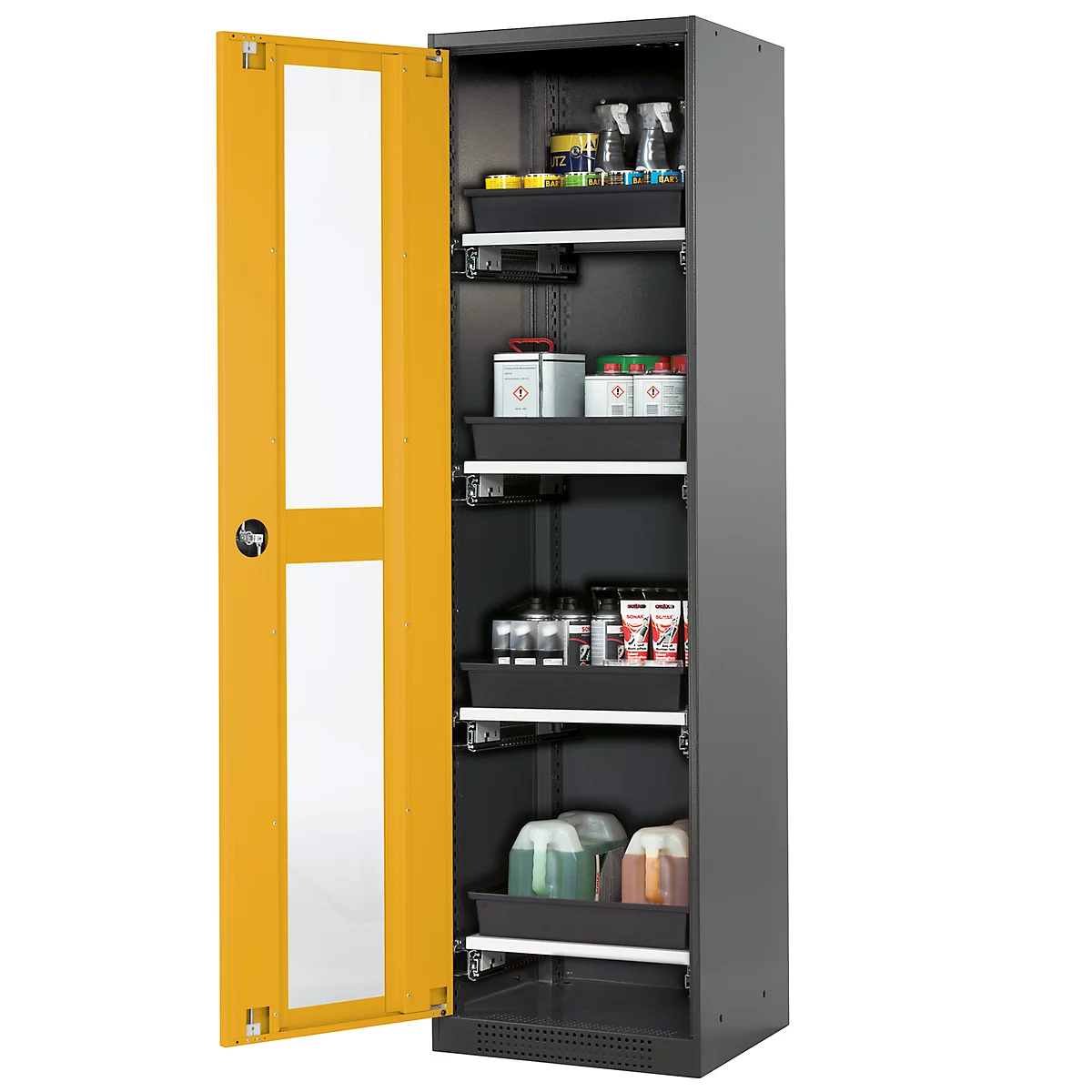 Armoire à produits chimiques, porte battante et découpe de verre, 4 tiroirs, H 1950 mm, jaune de sécurité