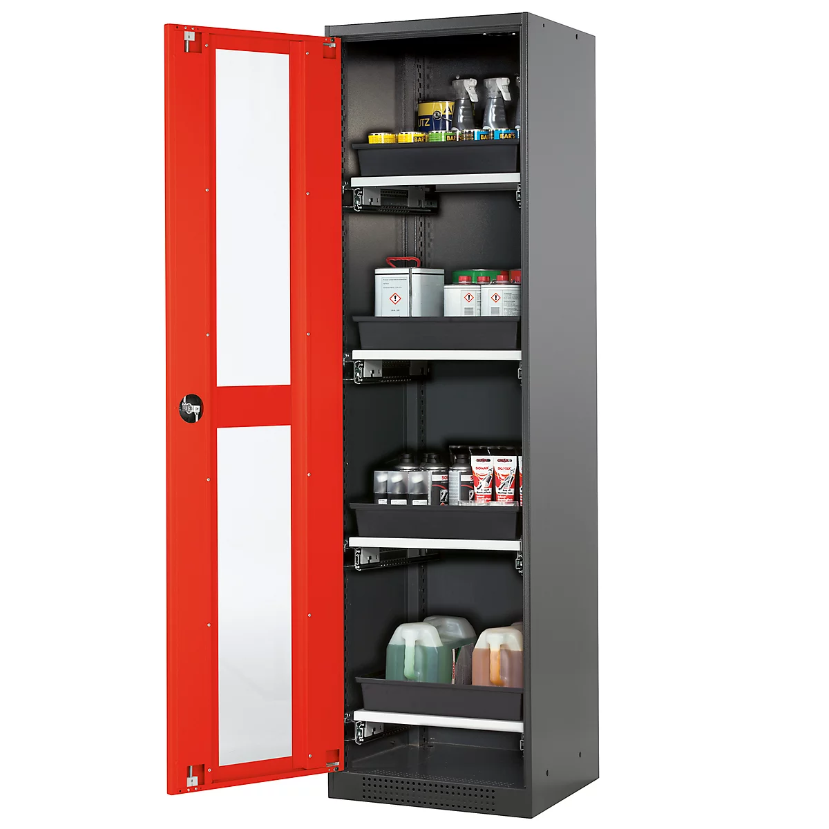 Armoire à produits chimiques, porte battante et découpe de verre, 4 tiroirs, H 1950 mm, rouge circulation