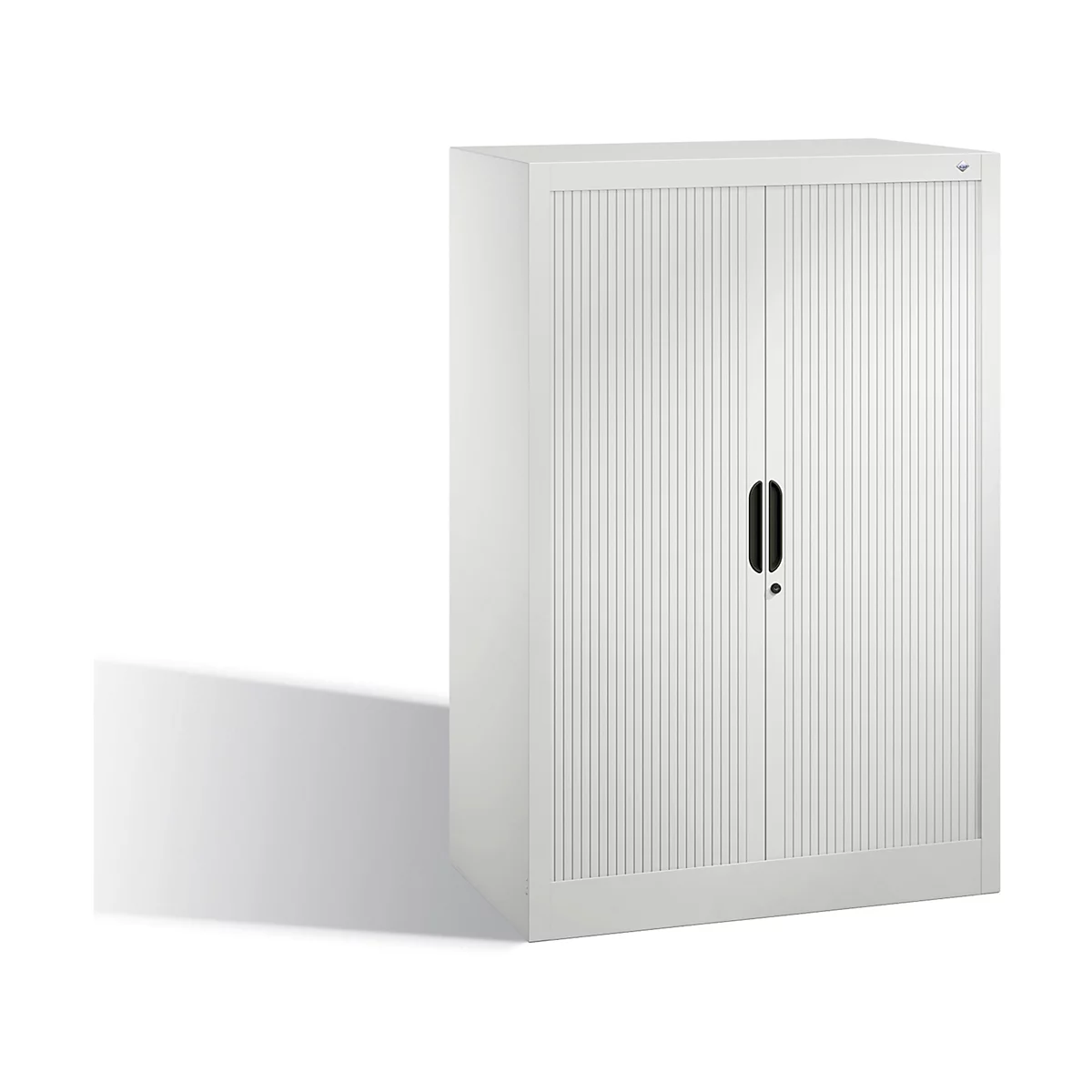 Système d'armoires blanc avec portes rainurées et poignée noire.