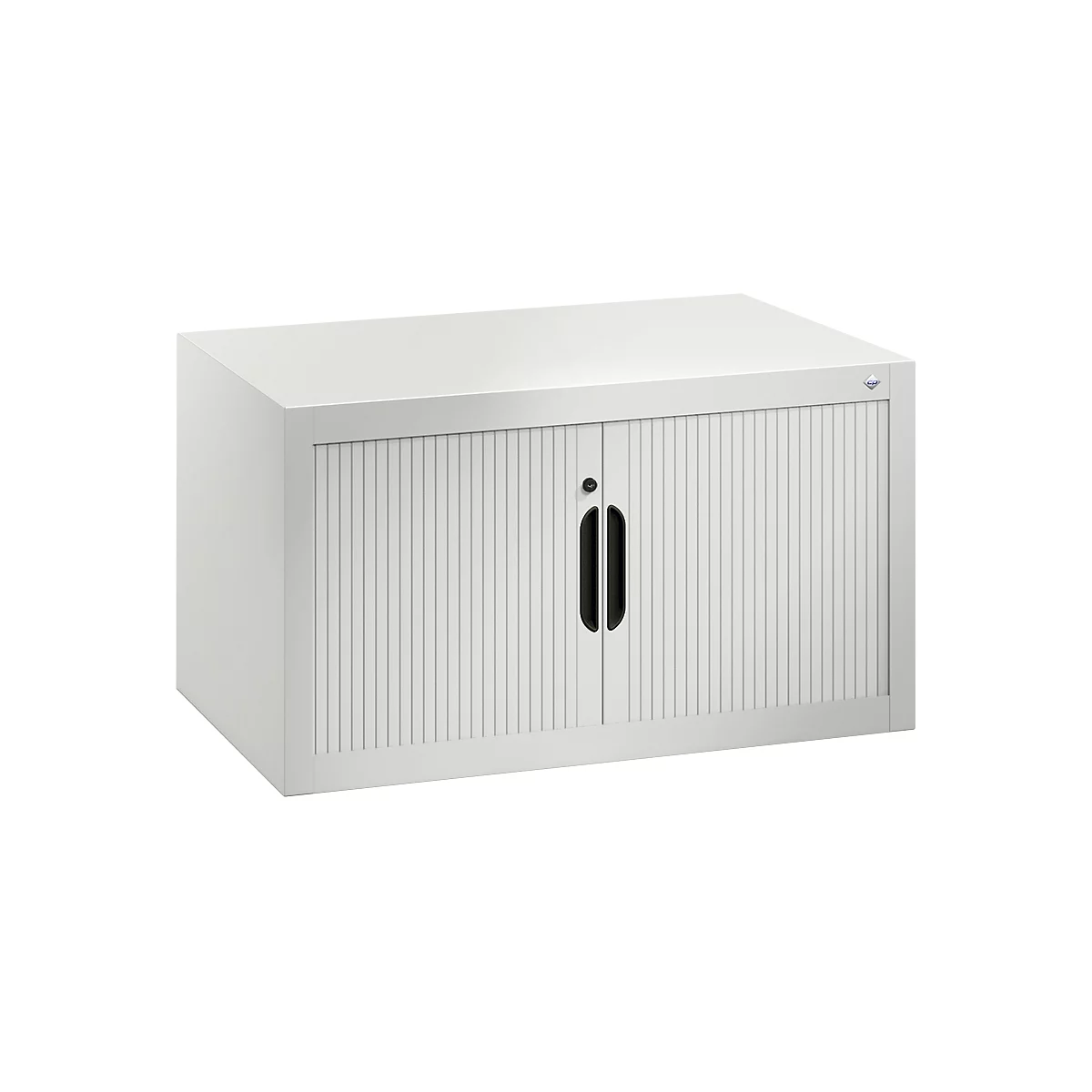 Armoire blanche avec portes nervurées et poignées noires.