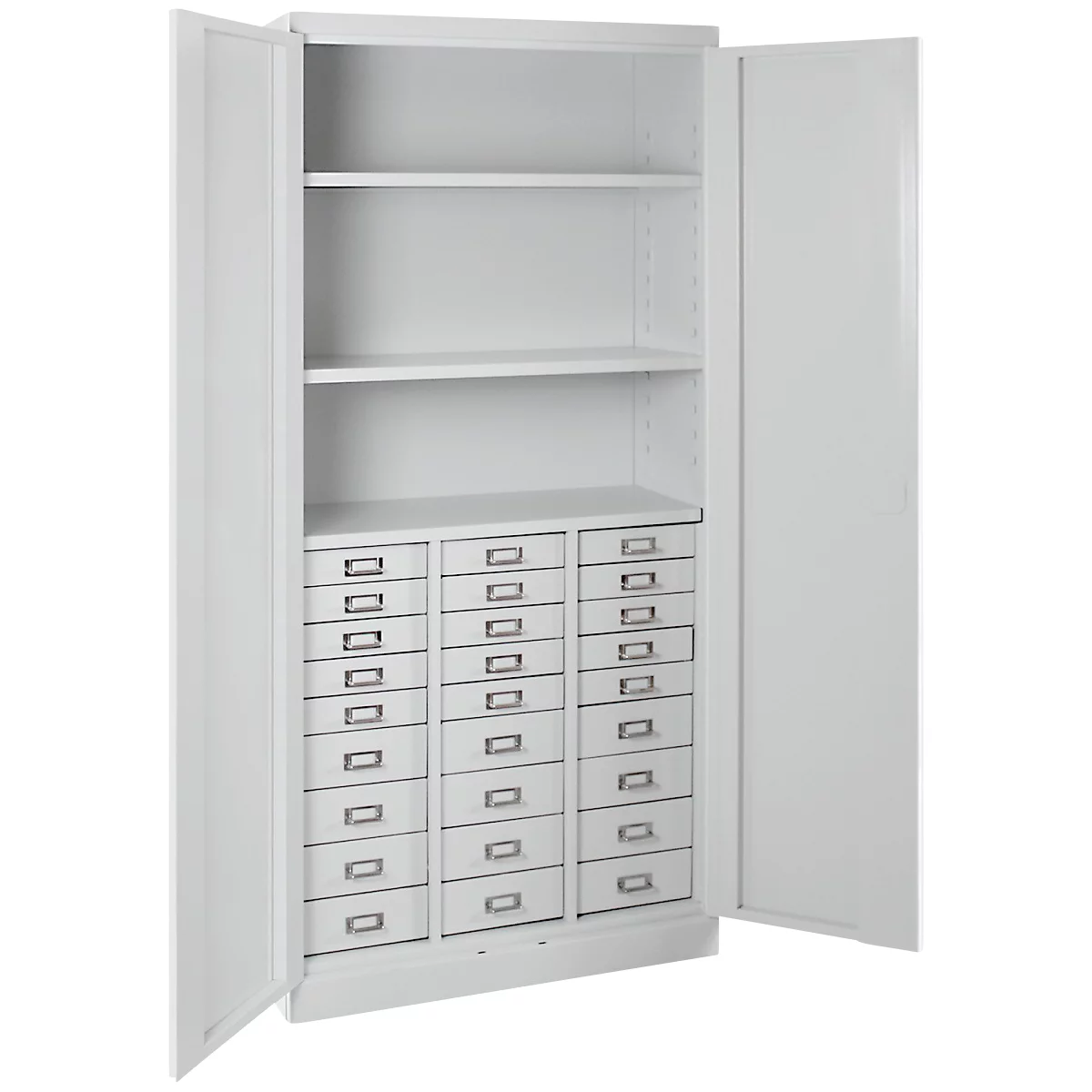 Armoire à tiroirs ADB, 27 tiroirs, 3 tablettes, verrouillage 2 points, acier, L 800 x P 410 x H 1790 mm, gris clair RAL 7035