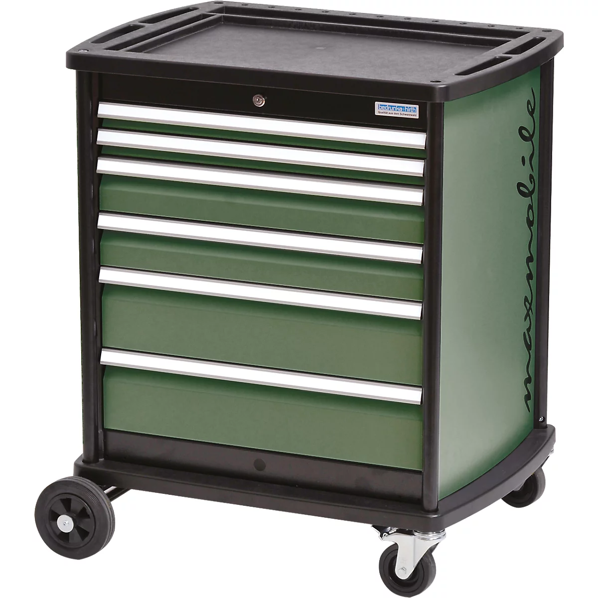 Armoire à tiroirs Bedrunka+Hirth maxmobile 2, mobile, 6 tiroirs, 1 panneau latéral, verrouillable, jusqu'à 300 kg, vert réséda RAL 6011, tôle d'acier